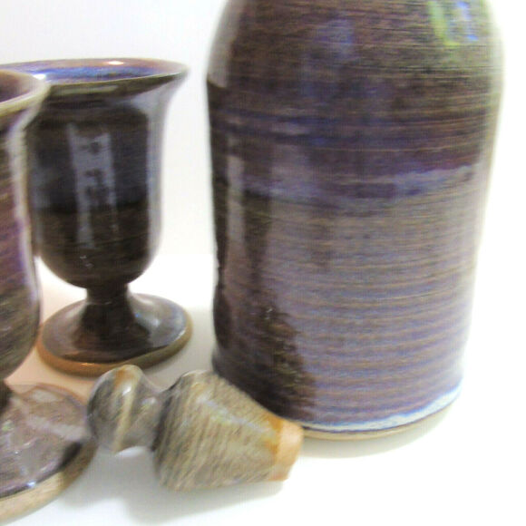 Studio Pottery WINE GOBLETS & DECANTER PITCHER + STOPPER Purple Gray - Picture 3 of 8